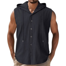 Mens Linen Shirts Hoodies Sleeveless Casual Sweatshirts Button Down Summer Beach Wedding Shirts Black M