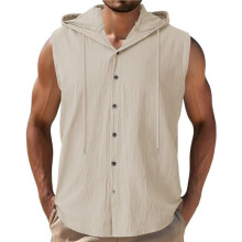 Mens Linen Shirts Hoodies Sleeveless Casual Sweatshirts Button Down Summer Beach Wedding Shirts Light Khaki S