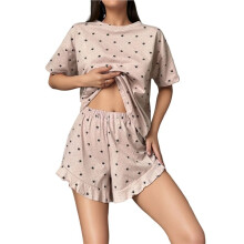 Dames Geprinte Korte Mouw Top & Rimpel Shorts 2-Delige Loungewear Pyjama Set Lotuswortelroze XL