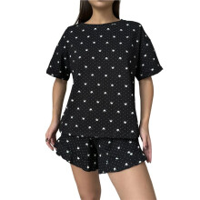 Dames Geprinte Korte Mouw Top & Rimpel Shorts 2-Delige Loungewear Pyjama Set Zwart XL
