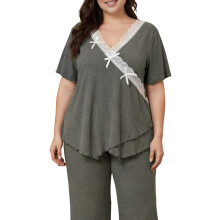 Damespyjamaset voor Grote Maten met Korte Mouwen en Topje met Ruchesrand, Bestaande Uit een Pyjamatop en -Broek Grijs XXL