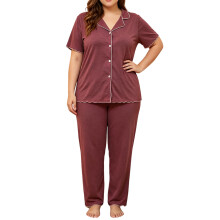 Damespyjamaset met Korte Mouwen en Knoopsluiting, Verkoelende Nachtkleding, Zachte en Comfortabele Pyjamabroekset Kastanjekleur XXL