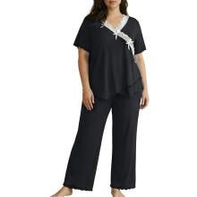 Damespyjamaset voor Grote Maten met Korte Mouwen en Topje met Ruchesrand, Bestaande Uit een Pyjamatop en -Broek Zwart 4XL