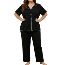 Damespyjamaset met Korte Mouwen en Knoopsluiting, Verkoelende Nachtkleding, Zachte en Comfortabele Pyjamabroekset Zwart L