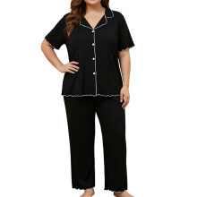 Damespyjamaset met Korte Mouwen en Knoopsluiting, Verkoelende Nachtkleding, Zachte en Comfortabele Pyjamabroekset Zwart XL