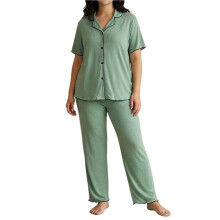 Damespyjamaset met Korte Mouwen en Knoopsluiting, Verkoelende Nachtkleding, Zachte en Comfortabele Pyjamabroekset Groen L