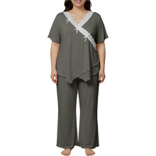 Damespyjamaset voor Grote Maten met Korte Mouwen en Topje met Ruchesrand, Bestaande Uit een Pyjamatop en -Broek Grijs L