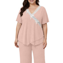 Damespyjamaset voor Grote Maten met Korte Mouwen en Topje met Ruchesrand, Bestaande Uit een Pyjamatop en -Broek Roze XL