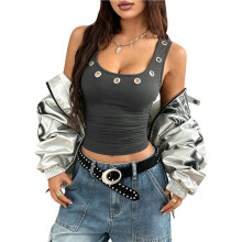 Dames Vierkante Hals Ooglet Decor Gerimpelde Zijkant Cropped Mouwloze Tanktop Donkergrijs S