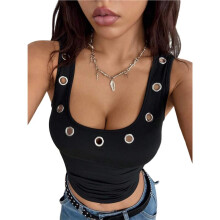 Dames Vierkante Hals Ooglet Decor Gerimpelde Zijkant Cropped Mouwloze Tanktop Zwart M