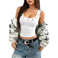 Dames Vierkante Hals Ooglet Decor Gerimpelde Zijkant Cropped Mouwloze Tanktop Wit XL