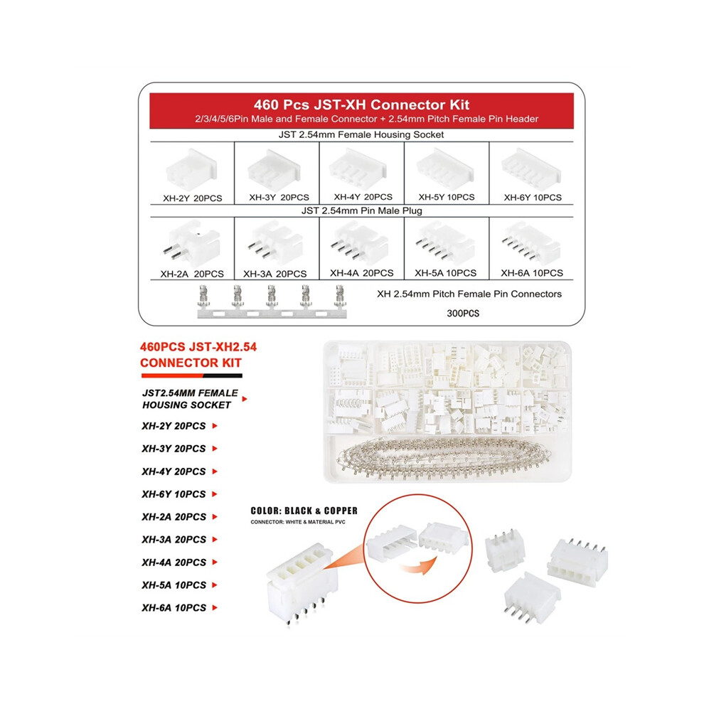 (XH2.54-Connectors) 460PCS JST PH2.0/XH2.54MM 2/3/4/5/6-Pin Connector Kit with Terminal Wires and Cables