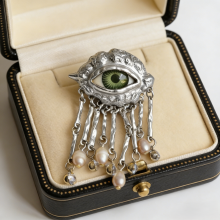 Vintage Style Silver Eye Brooch |Pearl Tassel Pin