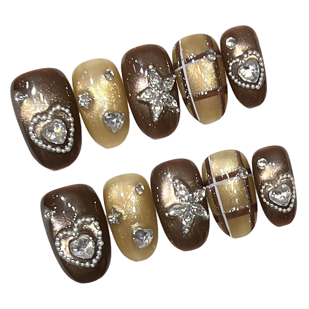 Creation-3C (Xs) 10Pcs Cat Eye Rhinestone Press-On Nails Short Oval