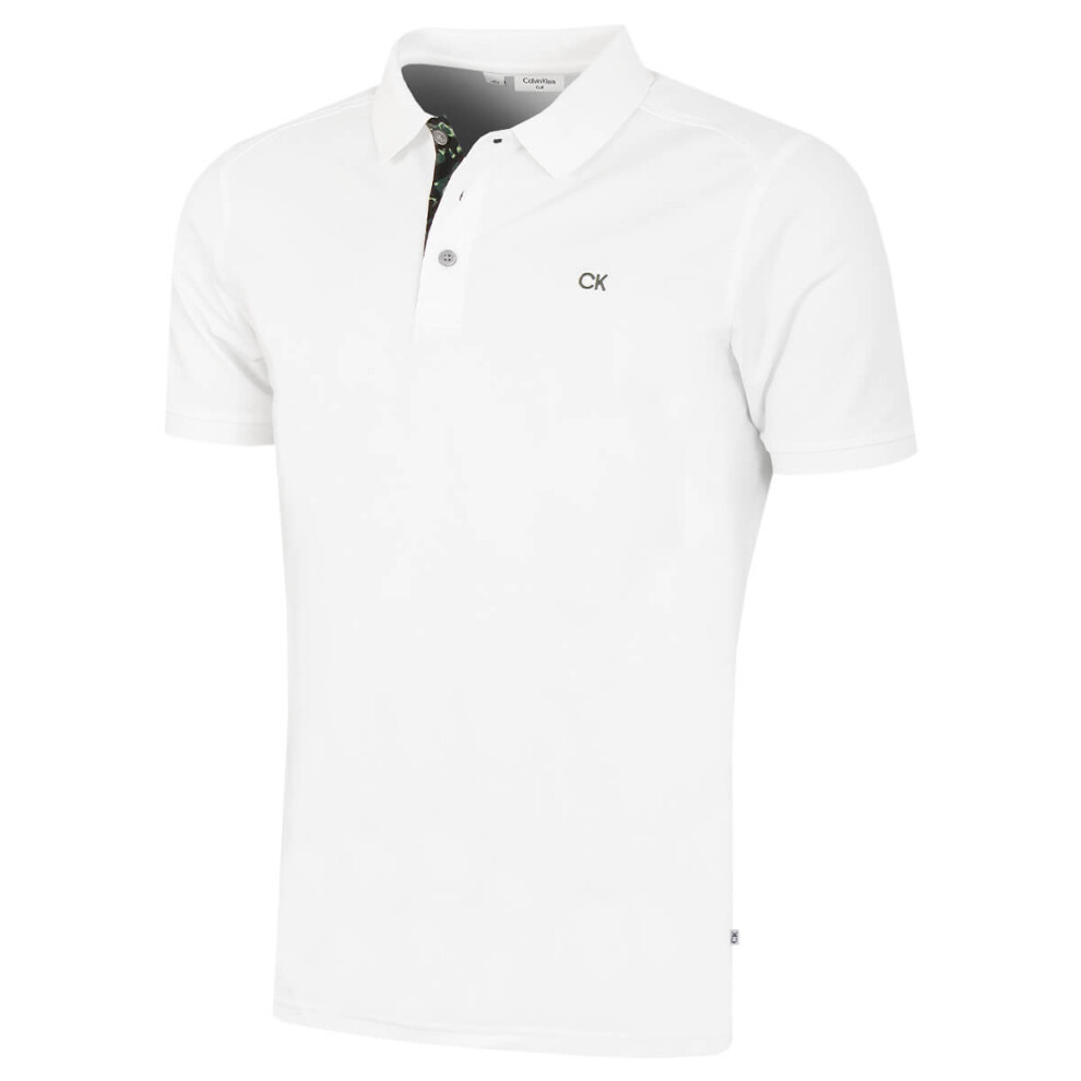 Calvin Klein (M, White/Grey Camo) Mens 2026 Campus 3 Button Ribbed Collar Golf Polo Shirt
