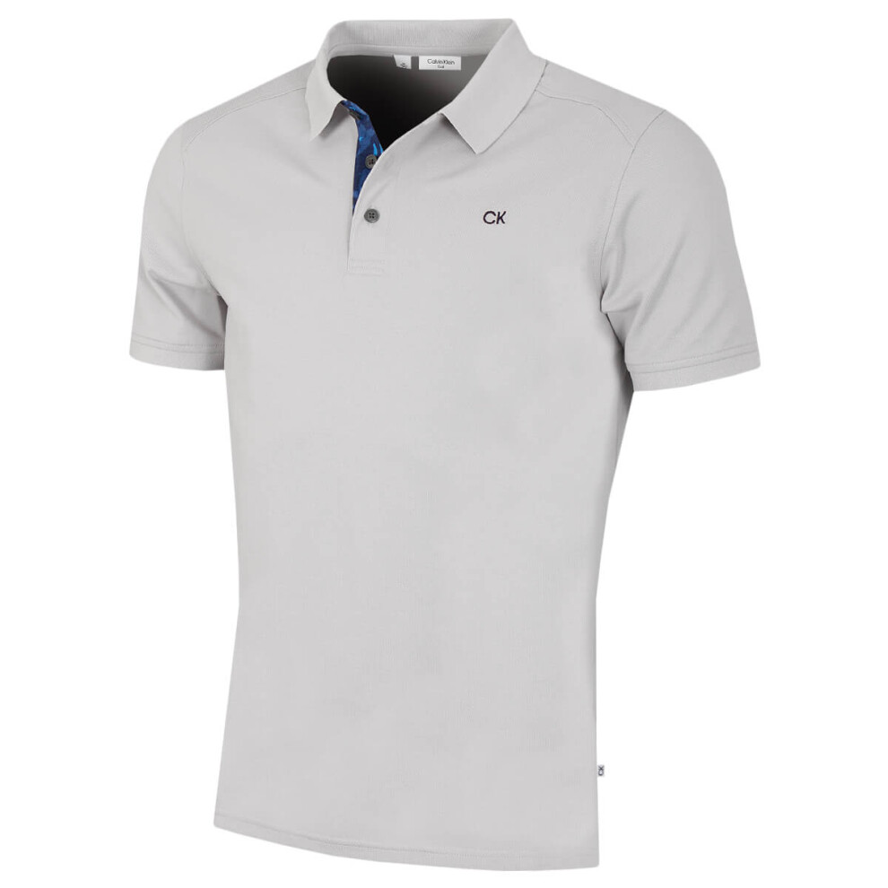 Calvin Klein (M, Silver Camo) Mens 2026 Campus 3 Button Ribbed Collar Golf Polo Shirt