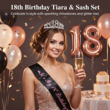 (18 Years, One Size) Gold Glitter Birthday Sash & Crown Set 30-60