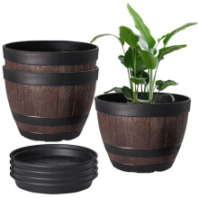 VECELO Blomkrukor med Dräneringshål & Fat, 9 Tum Blomkrukor med Bricka, 3 Pack Plast Whiskyfat Planterare