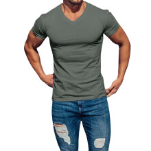 Heren Effen Kleur V-Hals Vochtregulerend Sneldrogend Sport T-Shirt met Korte Mouwen Legergroen XXL