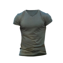 Heren Effen Kleur V-Hals Vochtregulerend Sneldrogend Sport T-Shirt met Korte Mouwen Legergroen S