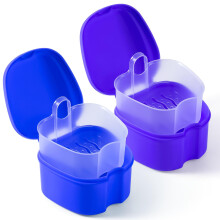 JMU 2-delige Kunstgebit Bad Case Cup Box Houder Opslag Soak Container met Zeef Mand voor Reizen, Marineblauw/Paarse
