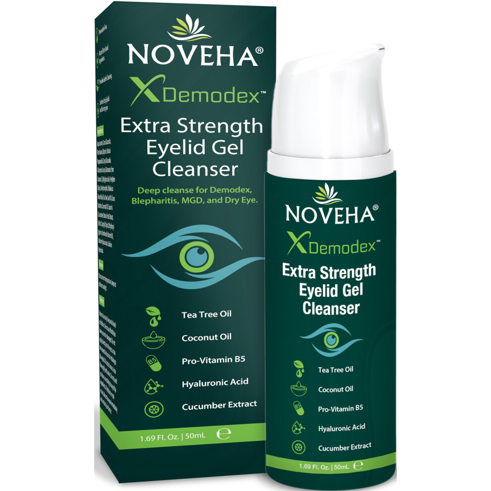 Noveha Demodex Extra Strength Eyelid Gel Cleanser - For Demodex, Mgd And Dry Eye With Pro-Vitamin B5, Tea Tree Oil, And Hyaluronic Acid - Gentle Clean