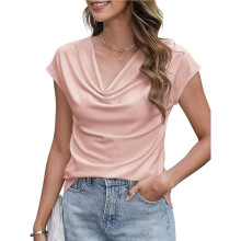 Damblus med Draperad Krage och Vertikal Ribbad Holkärm, Stretchig, Avslappnad Stil Rosa M