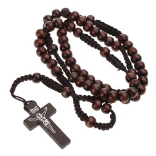 Wood Beads Cross Rosary Necklace Hangable Christmas-Dark brown