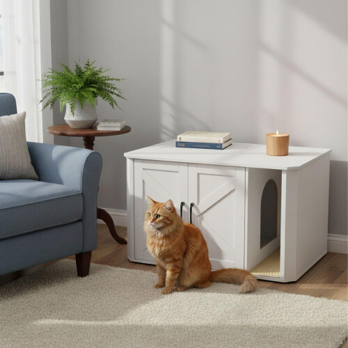 Kattenbakmeubel met mat - Houtnerfstructuur, multifunctioneel