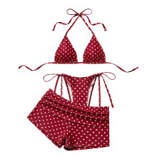 Women's 3 Piece Halter Bikini Set Polka Dots Triangle-Red M