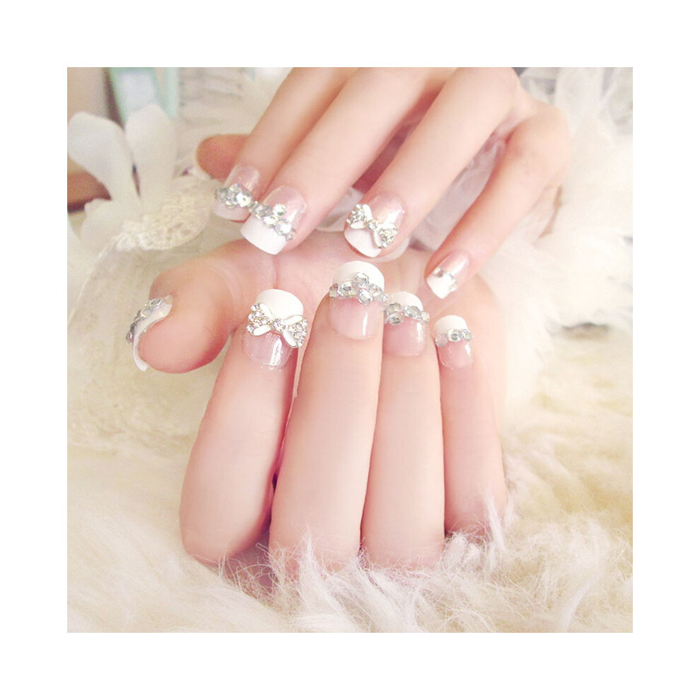 Dachuang Beauty 24Pcs French Fake Nails With Rhinestones & Bowknot