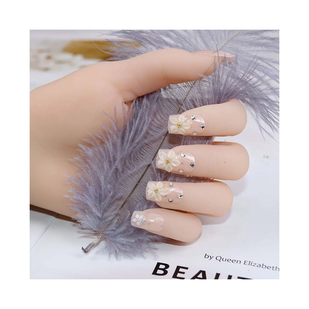 Roc-Electron 24Pcs Floral 3D False Nails - White Art Tips