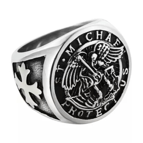Men's Stainless Steel Saint Michael Ring Silver Size 7-15