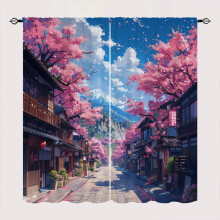 Japanese Village Pink Cherry Blossom Curtains Rod Pocket