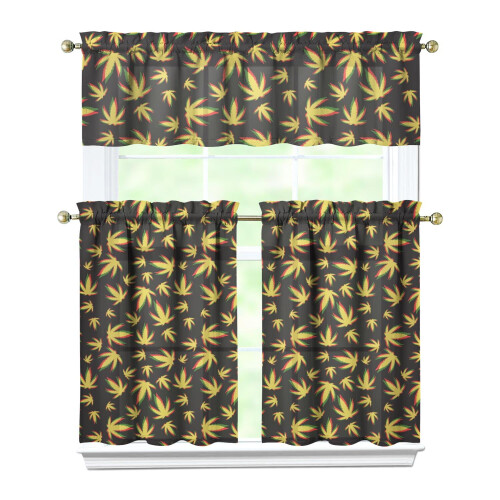Kitchen Curtain Set Bamboo Maple Pattern Polyester 3-Pc