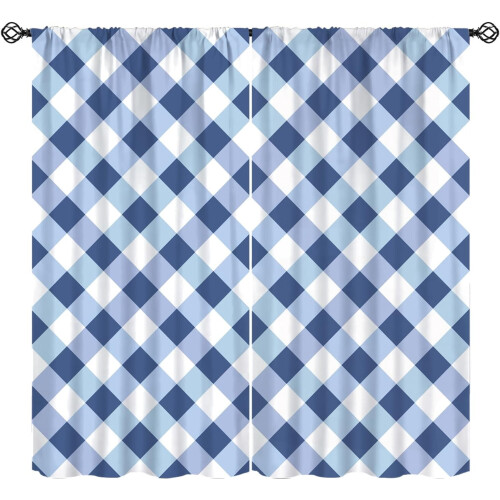 Plaid Curtains Dark Blue White Checkered Rod Pocket Thermal
