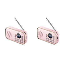 2X Draagbare FM-Radio Oplaadbare Kleine Draadloze -Luidspreker Surround Stereogeluid USB Vintage Radio'S Roze