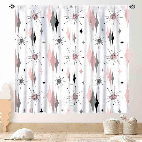 Mid-Century Modern Geometric Curtains Pink Gray 2 Panels