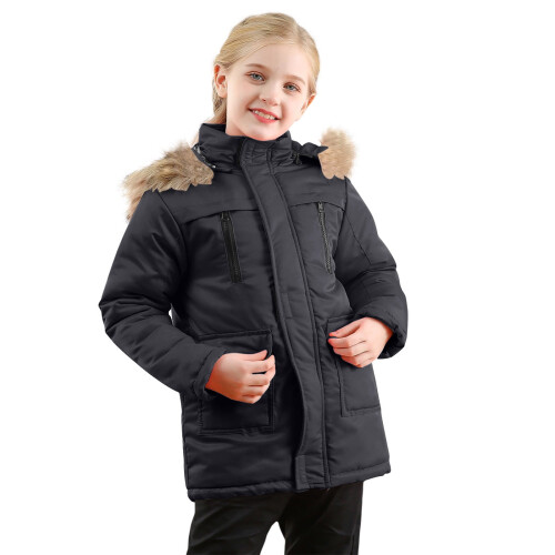 Kids Puffer Jacket Hooded Zip-Up Solid Color with Pockets