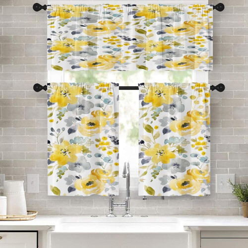 Spring Flower Kitchen Curtains Valance and Tier Set Yellow