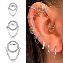 Chain Dangle Hoop Huggie Earrings 1.2mm x 8mm Silver