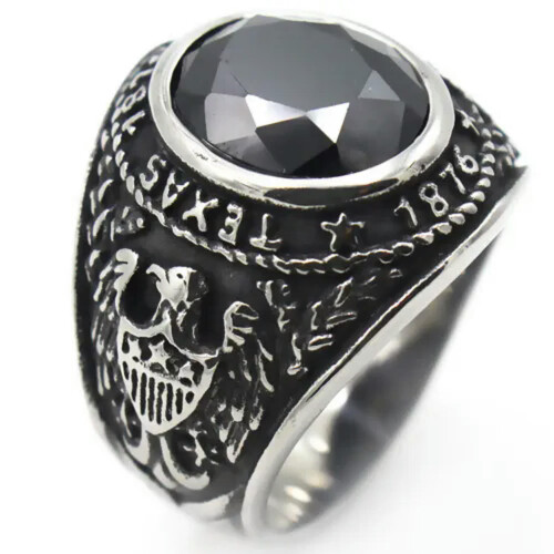 Texas 1876 University Ring Stainless Steel Black Agate