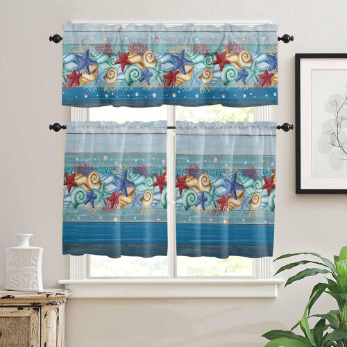Blue Coastal Kitchen Curtains with Valances 24 inch