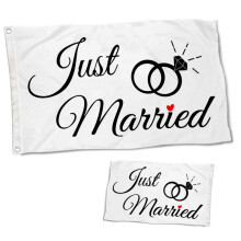 Banner cu steag inelar Just Married, față-verso, alb, 2x3 picioare
