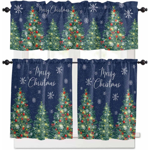 Christmas Tree Kitchen Curtains Rod Pocket 24 Inch Navy