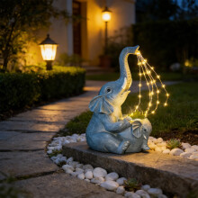 Estátua de elefante de resina para jardim, movida a energia solar e com luzes LED.