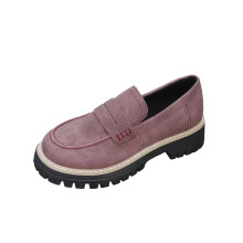 Mocassins femininos de estilo britânico com salto, em camurça sintética cor vinho, tamanho US7.