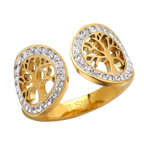 Lebensbaum-Ring, Edelstahl, Vintage-Goldton, Größe 6