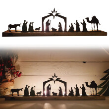 Crèche en métal noir avec socle en bois, 12 pièces
