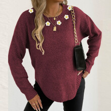 Women's Solid Floral Sweater Round Neck Long Sleeve Knit Top
